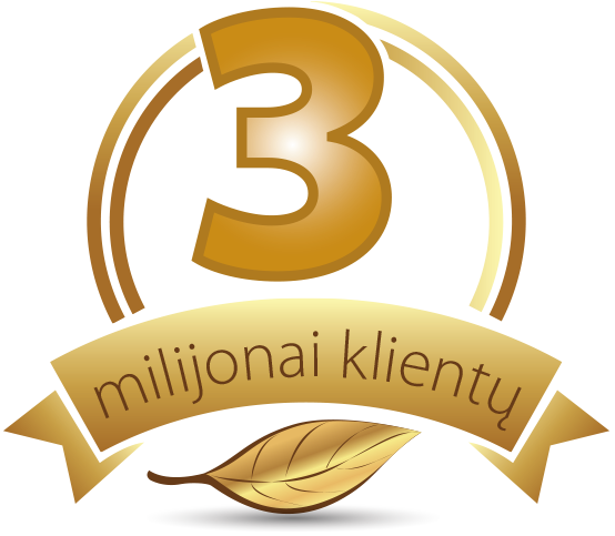 Natural Pharmaceuticals „VitaSolaris® D3“  Auksinis logotipas su dideliu skaičiumi 3 ir užrašu „milijonai klientų“ ant juostelės, po kuria yra dekoratyvinis auksinis lapas. Jis simbolizuoja 3 milijonų klientų pasiekimą.