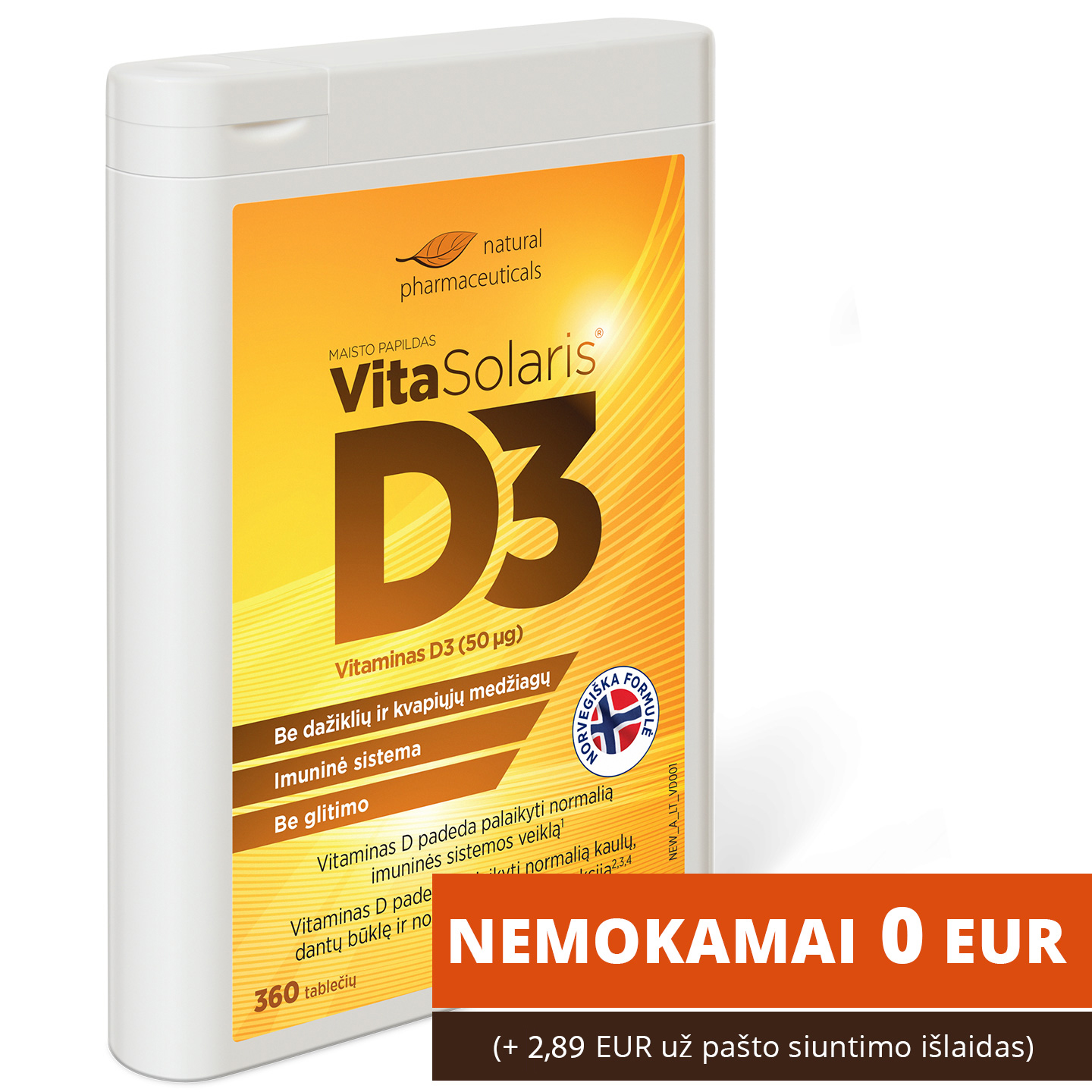 Natural Pharmaceuticals „VitaSolaris® D3“ Maisto papildo „VitaSolaris® D3“ „Natural Pharmaceuticals“ reklama. Kairėje, oranžiniame fone, yra didelis užrašas: „1 METŲ VITAMINAS D NEMOKAMAI“. Dešinėje yra produkto pakuotė su geltona ir oranžine etikete.